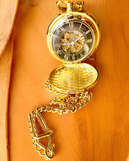 Grand Elegance Pocket Watch with Double Cover, Manual, Gold Color, with engraving for a gift