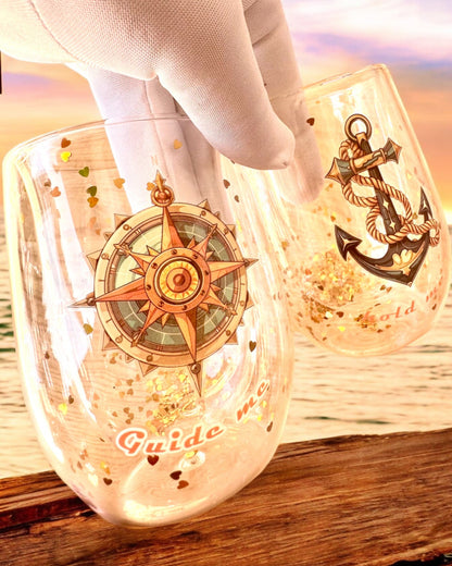 "Nautical Dreams" glasses with double walls and gold flakes - set of 2, 300 ml capacity, personalization available with engraving.