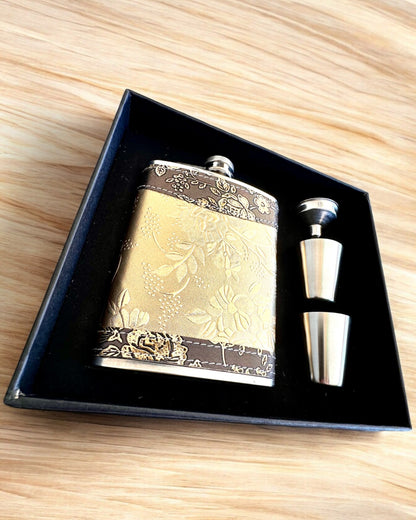 Elegantiška "Golden Rose" hip flask su taurių rinkiniu, personalizacija graviravimu dovanai