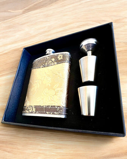 Elegantiška "Golden Rose" hip flask su taurių rinkiniu, personalizacija graviravimu dovanai