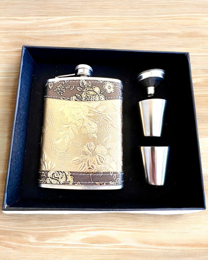 Elegantiška "Golden Rose" hip flask su taurių rinkiniu, personalizacija graviravimu dovanai