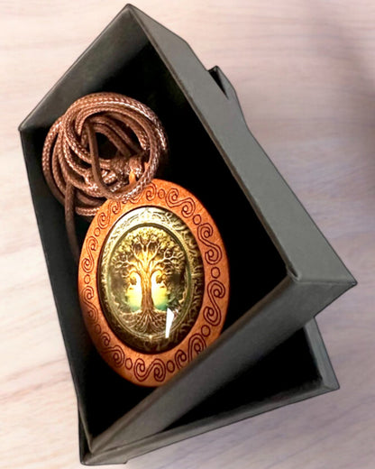 "Tree of Ancestors" Life Amulet - Handcrafted Wooden and Glass Necklace, personalization option with engraving for a gift