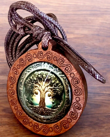 "Tree of Ancestors" Life Amulet - Handcrafted Wooden and Glass Necklace, personalization option with engraving for a gift