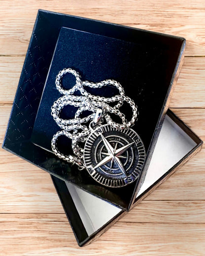 Stainless Steel Explorer Compass Necklace, personalization option with engraving for a gift