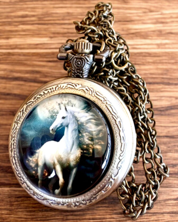 Unicorn Elegance pocket watch with chain, unicorn motif, free custom engraving