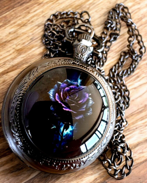 Rose of Darkness Pocket Watch - Stainless Steel, with Engraving Option for a Gift