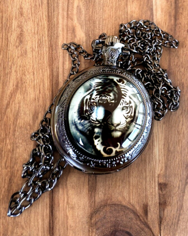 "Tiger's Elegance" stainless steel pocket watch with engraving option for a gift