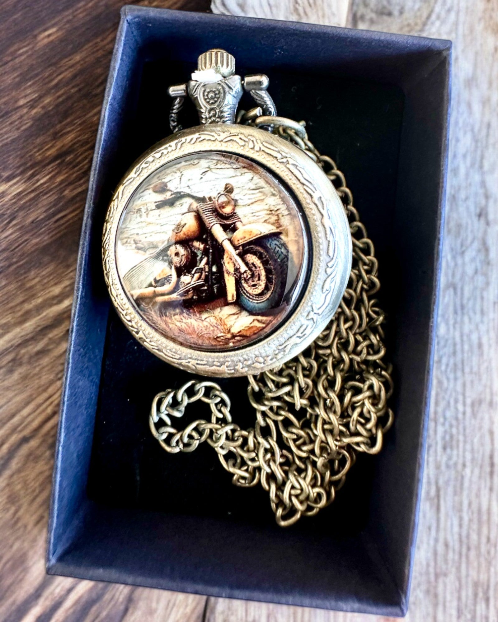 Retro Pocket Watch "Motorcycle Style", personalization option with engraving for a gift