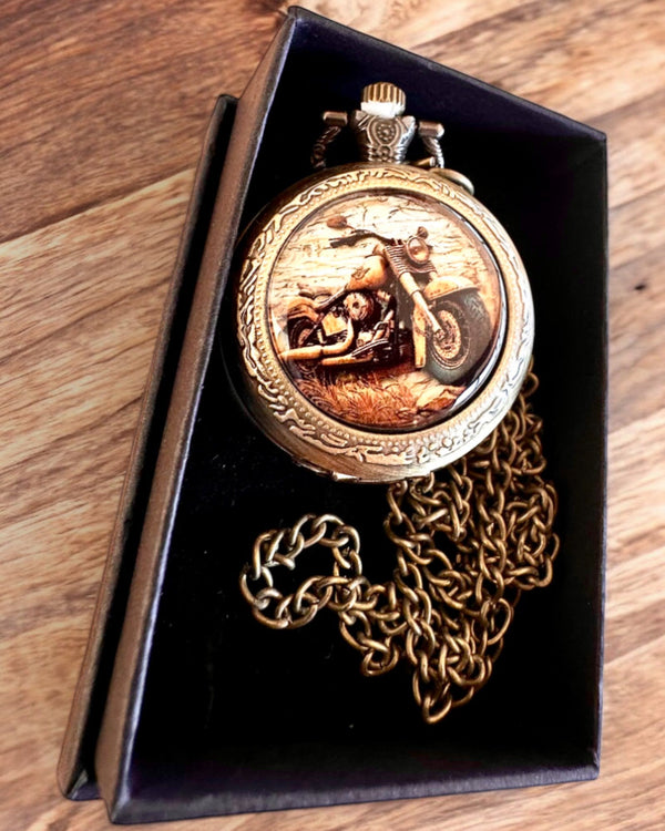 Retro Pocket Watch "Motorcycle Style", can be personalized with engraving as a gift