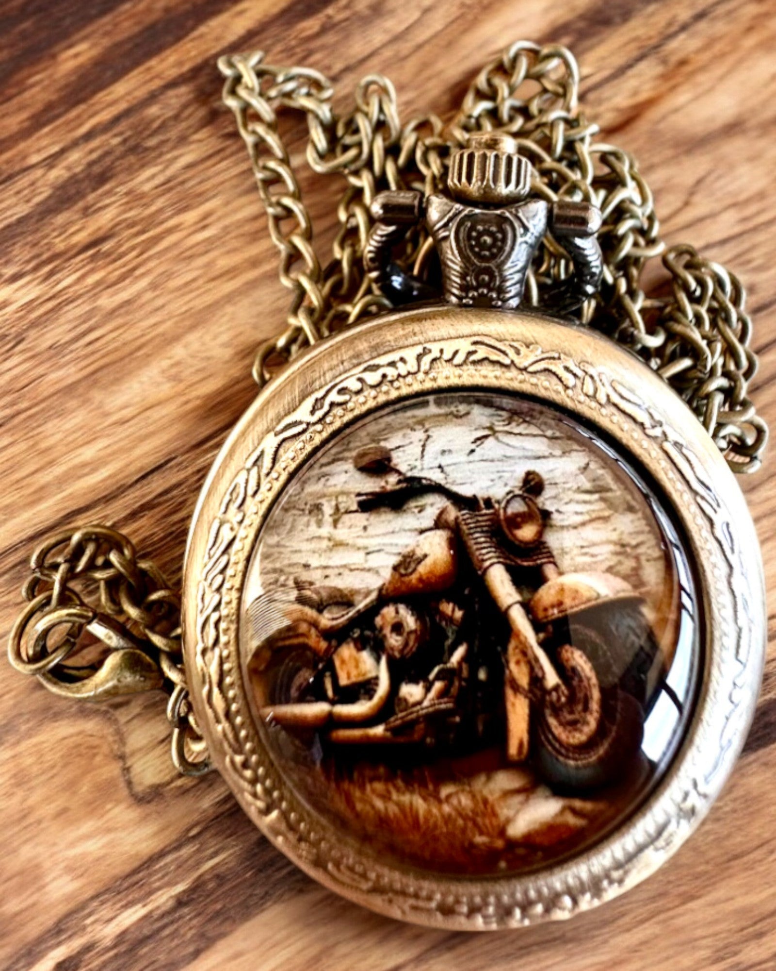 Retro Pocket Watch "Motorcycle Style", personalization option with engraving for a gift