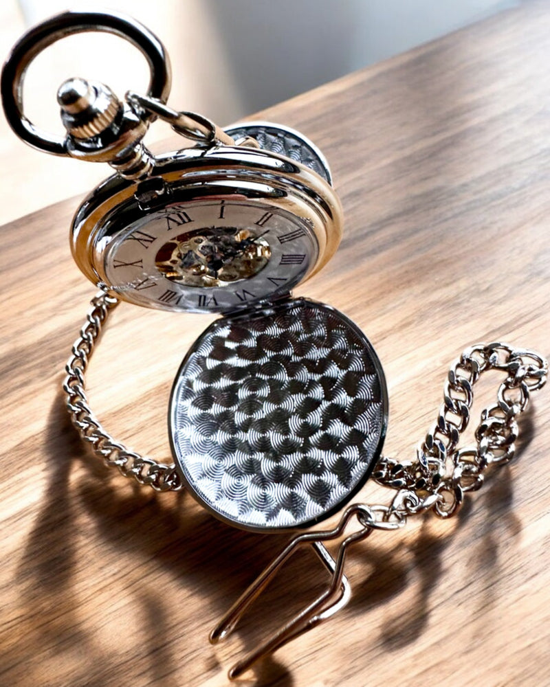 Classic Mechanical Pocket Watch with Double Cover, Manual, Silver Color