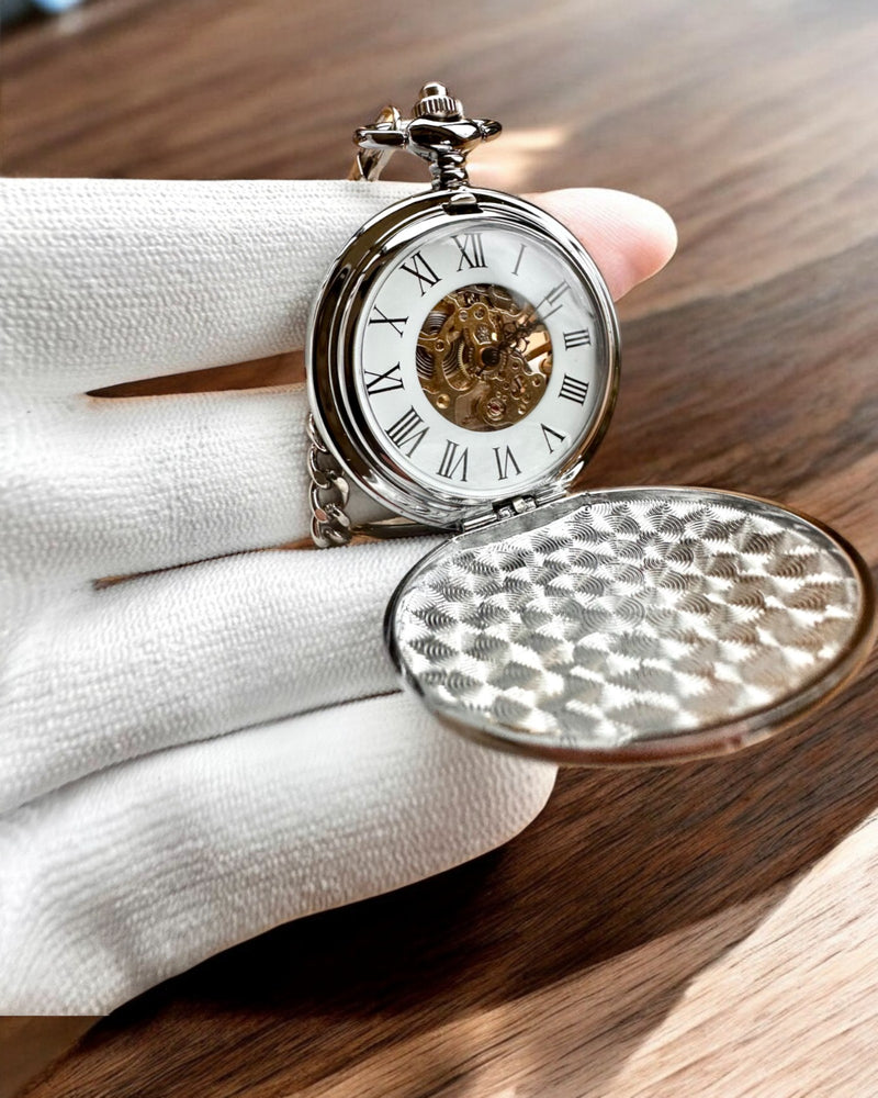 Classic Mechanical Pocket Watch with Double Cover, Manual, Silver Color