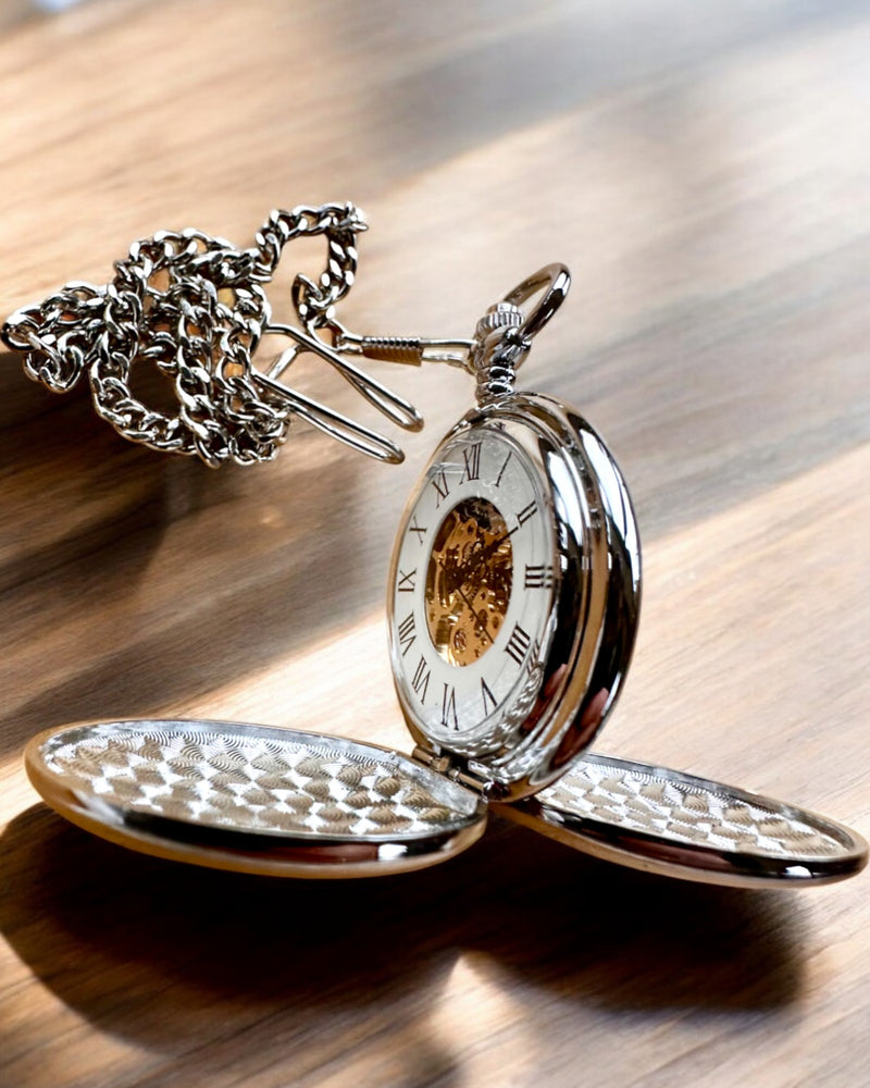 Classic Mechanical Pocket Watch with Double Cover, Manual, Silver Color