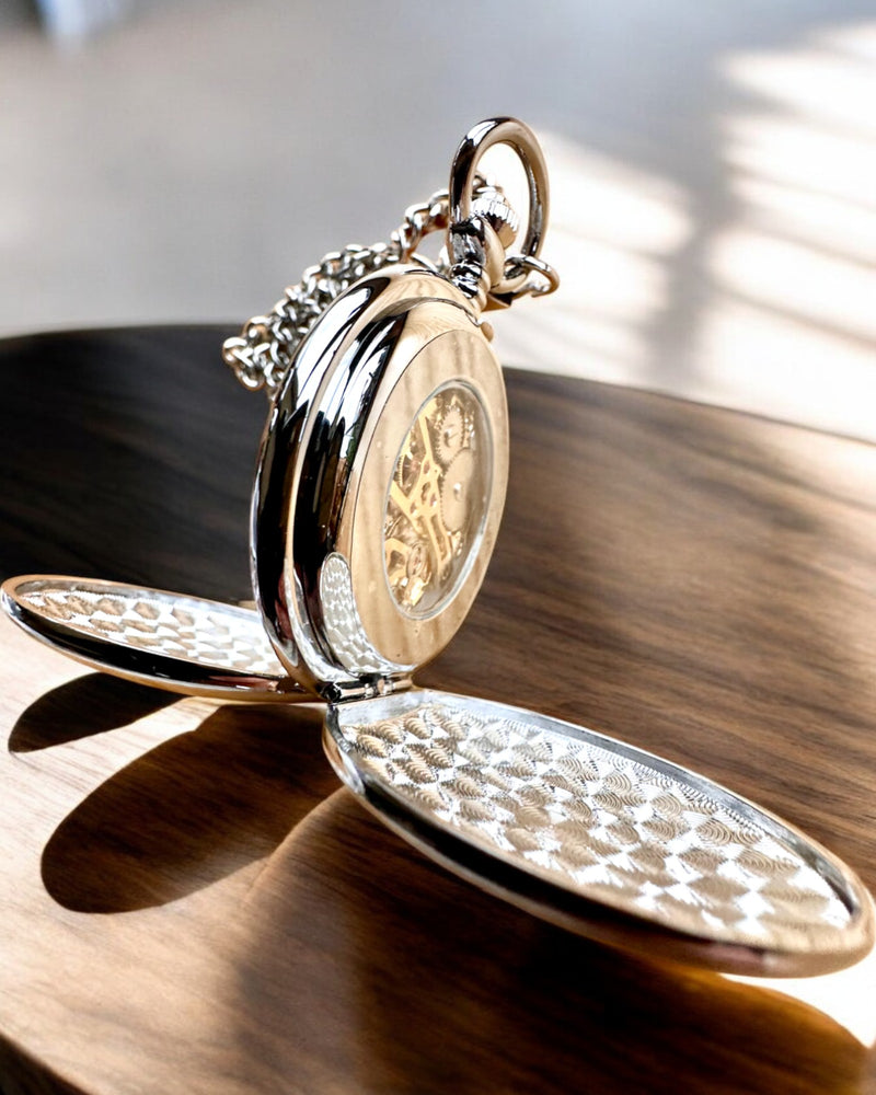 Classic Mechanical Pocket Watch with Double Cover, Manual, Silver Color