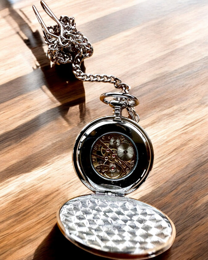 Classic Mechanical Pocket Watch with Double Cover, Manual, Silver Color