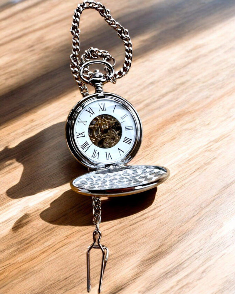 Classic Mechanical Pocket Watch with Double Cover, Manual, Silver Color