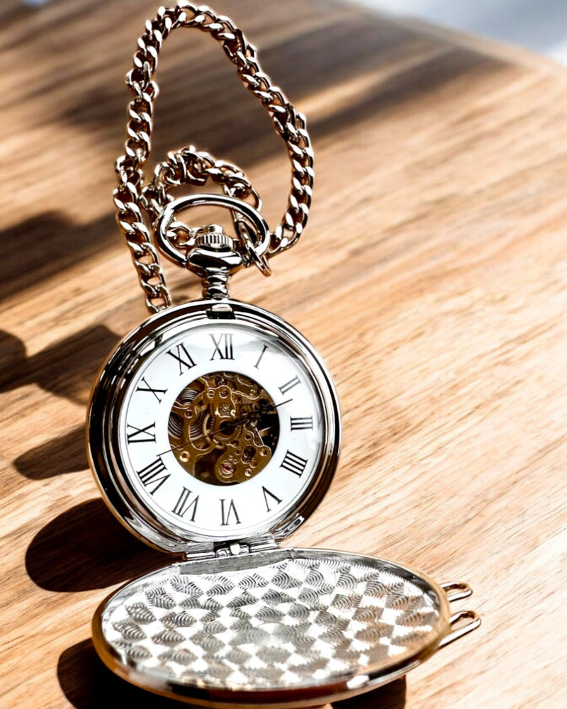 Classic Mechanical Pocket Watch with Double Cover, Manual, Silver Color