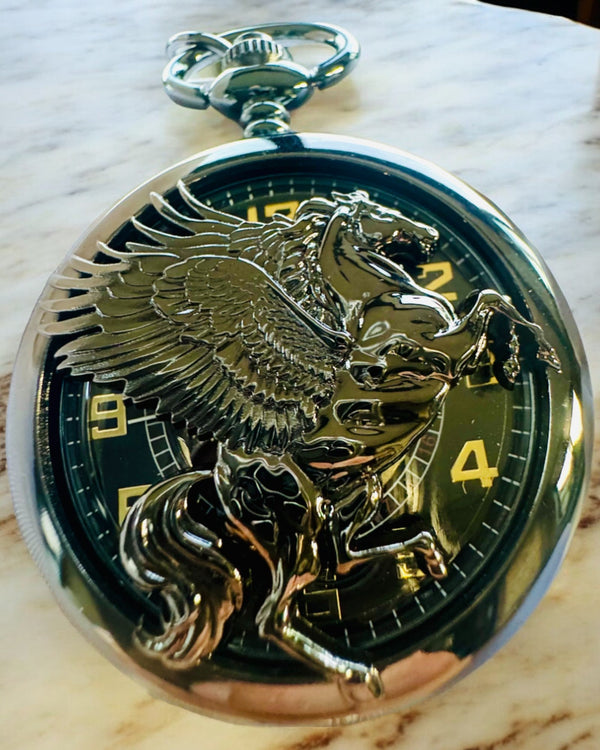 Pocket Watch "Equus Tempus" - Black with Horse Motif, can be personalized with engraving - black dial