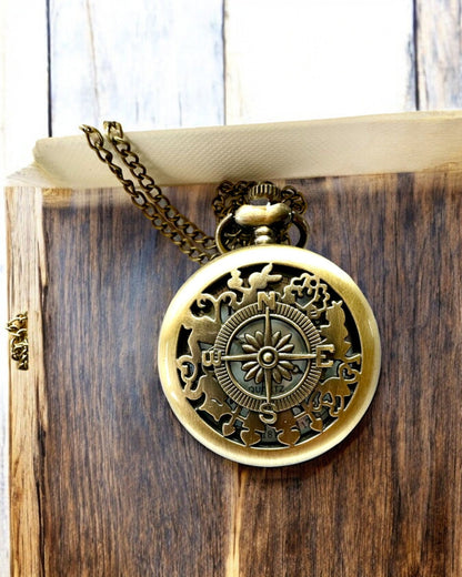 Vintage Pocket Watch with Compass Motif and Chain, Quartz, personalization with engraving