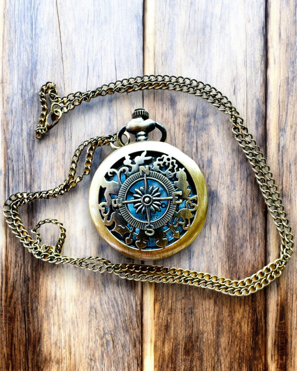 Antique Pocket Watch with Compass Motif and Chain, Quartz, Engraved Personalization