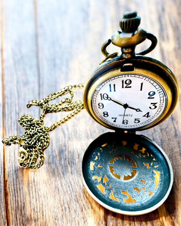 Antique Pocket Watch with Compass Motif and Chain, Quartz, Engraved Personalization