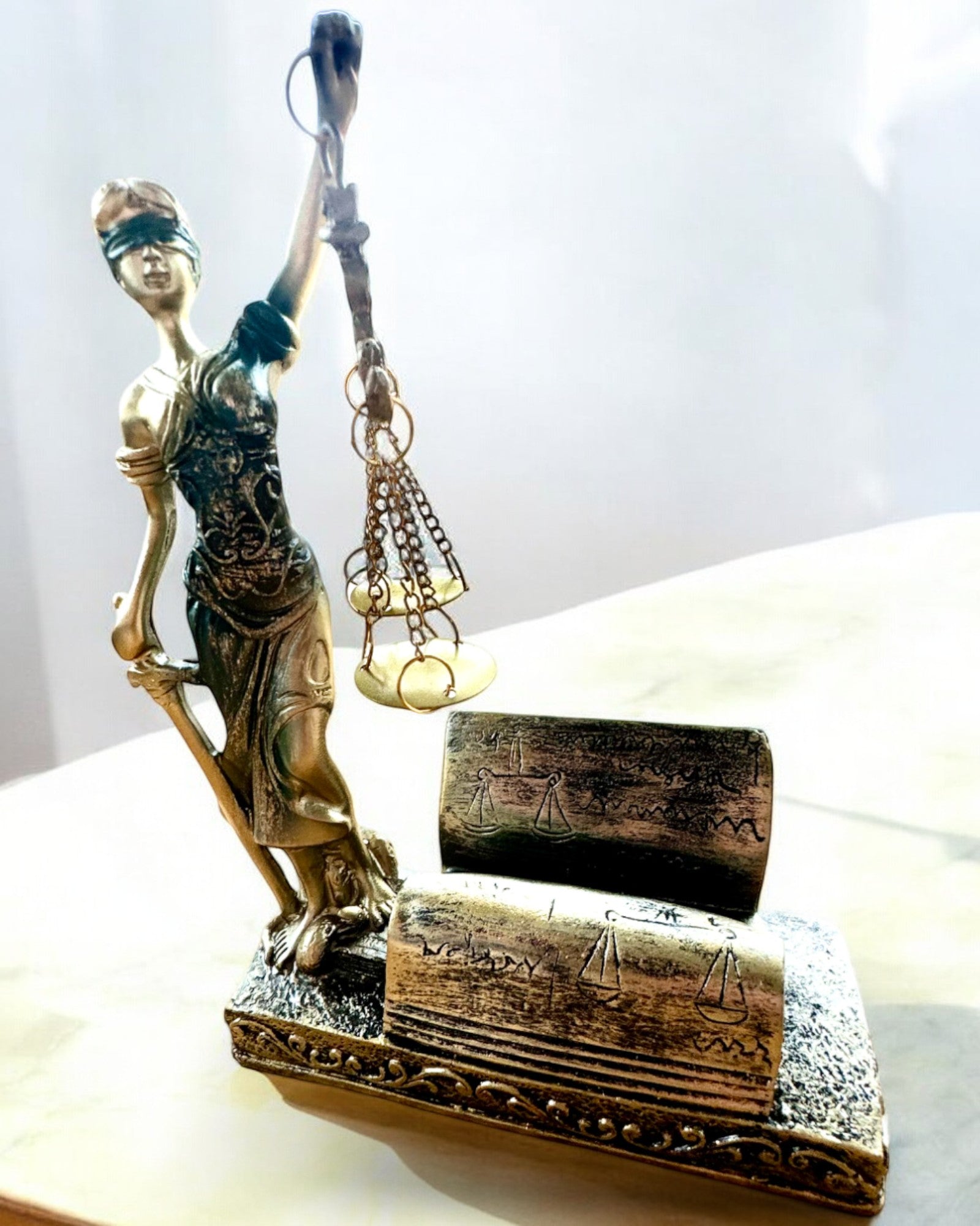 Statuetė "Justicia 2" - Teisingumo deivė – Meninė dekoracija lentynai, dervos amatas, personalizavimas graviravimu