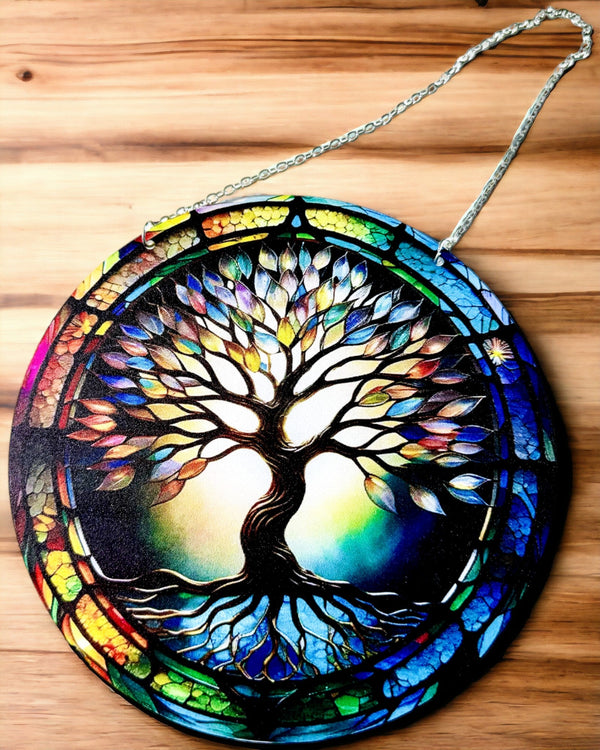 Prismatic Sun Pendant 'Tree of Life' - Colorful Window Decor