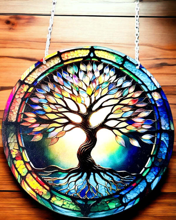 Prismatic Sun Pendant 'Tree of Life' - Colorful Window Decor