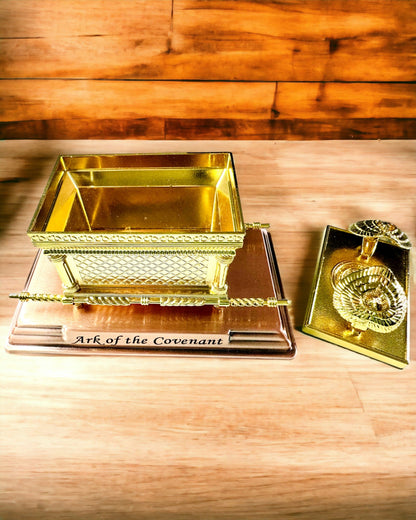 Replica of the Ark of the Covenant Gold-Plated, Decorative Figure of the Ark with a Copper Stand, Inspired by Jerusalem, 18x10x12 cm