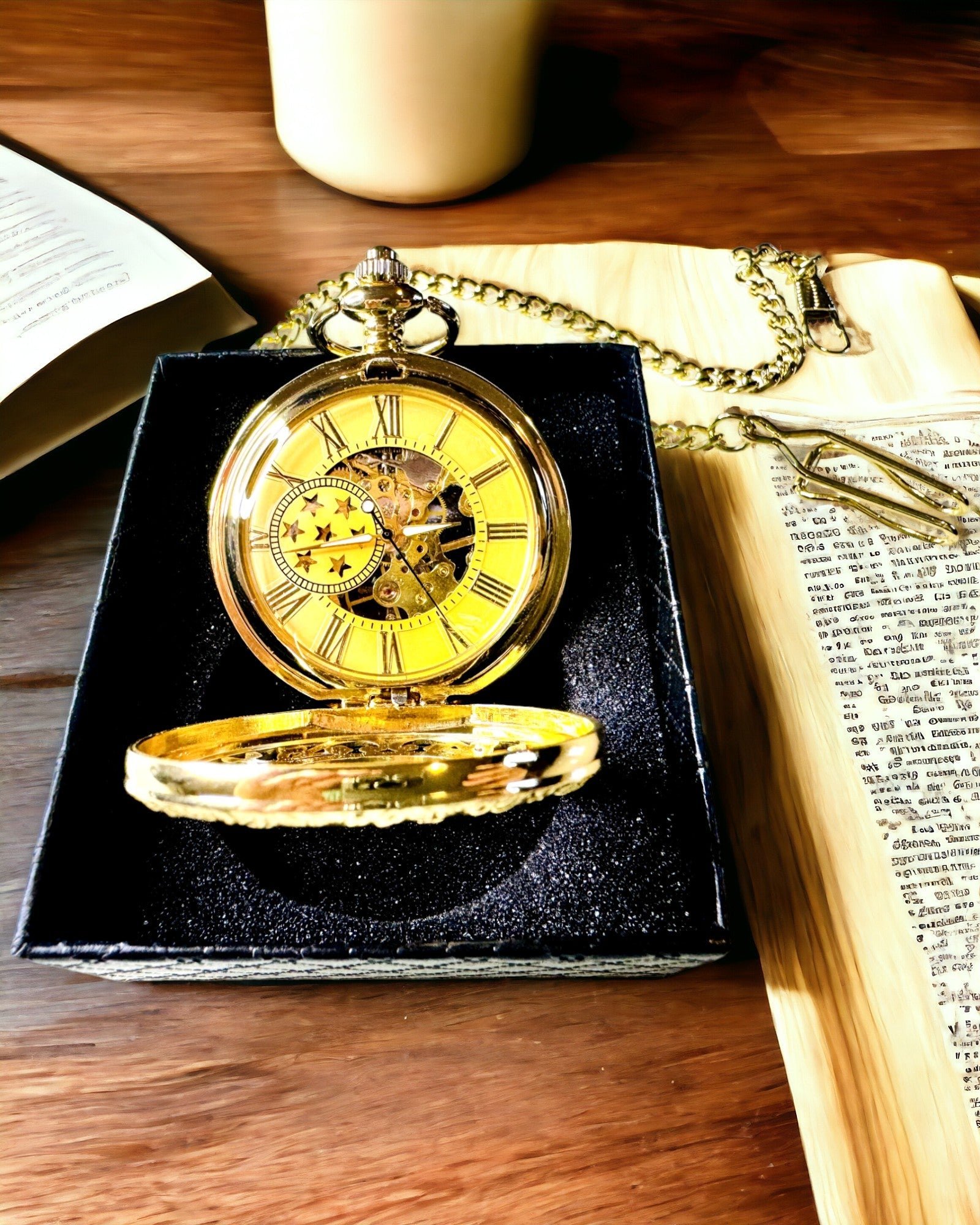 "Golden Majesty" - Luxury Mechanical Pocket Watch with Transparent Core. Personalization with engraving.