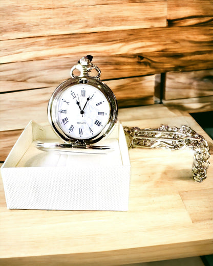 Classic Pocket Watch with Roman Numerals and Chain, Quartz, Steel Shine - silver color