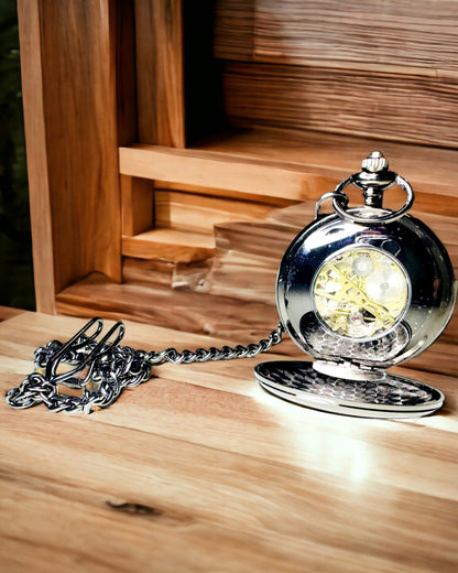 Classic Mechanical Pocket Watch with Double Cover – Manual, Black, personalization with engraving