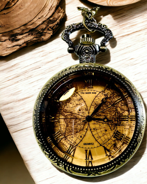 Classic Quartz Pocket Watch with World Map - Vintage Pendant with Chain for Her and Him, Engraved