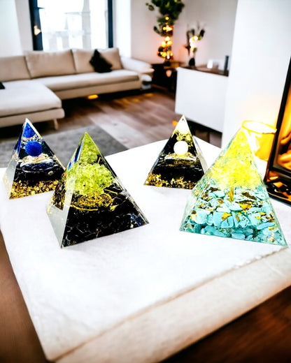 Orgonite Pyramid with Citrine and Turquoise – Chakra Energy Generator, Reiki Tool, Meditation Decoration