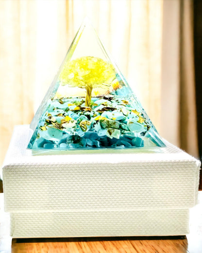 Orgonite Pyramid with Citrine and Turquoise – Chakra Energy Generator, Reiki Tool, Meditation Decoration