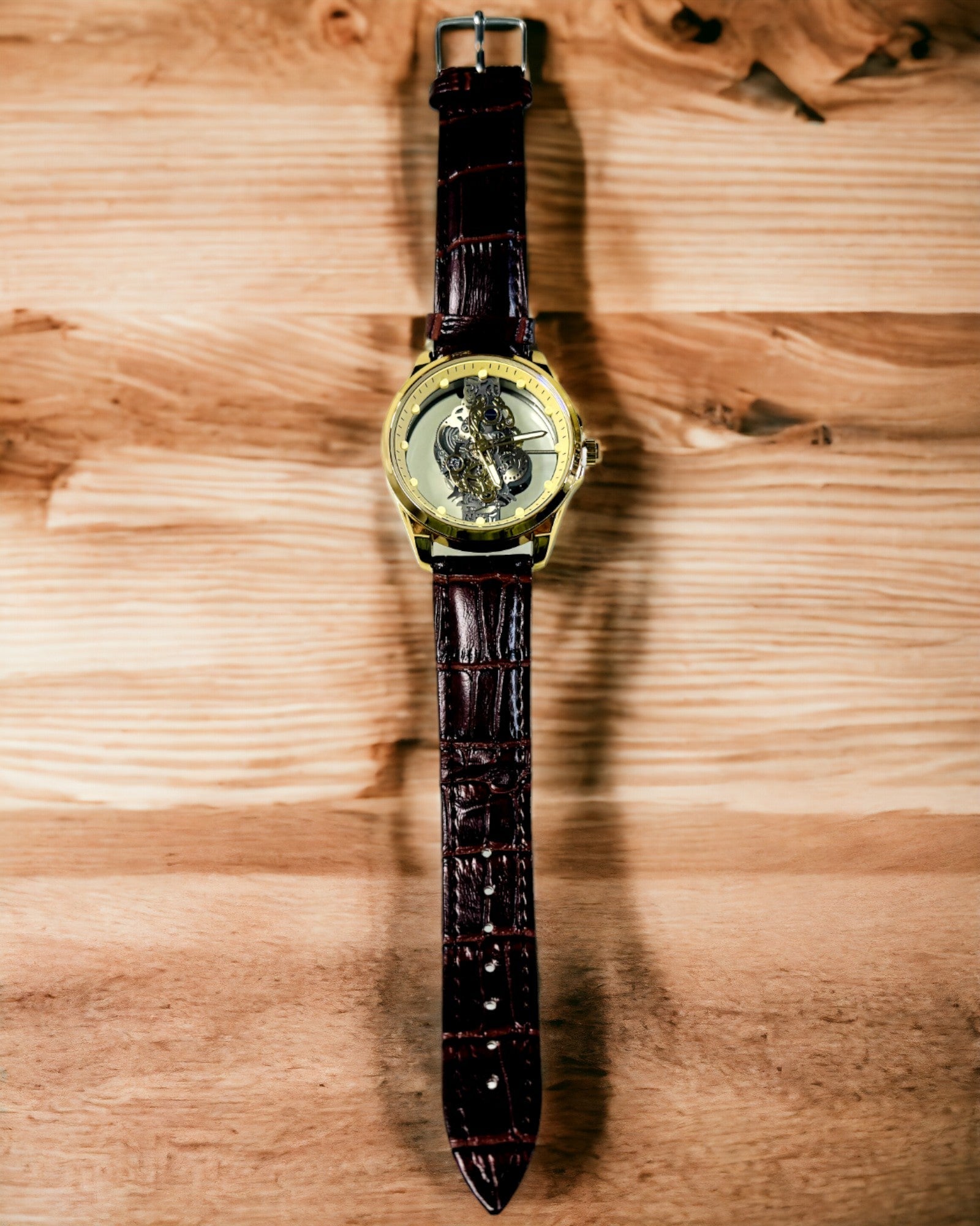 Men's Watch with Transparent Mechanism - Elegance and Precision in a Golden Frame