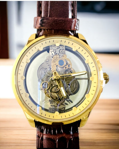 Men's Watch with Transparent Mechanism - Elegance and Precision in a Golden Frame