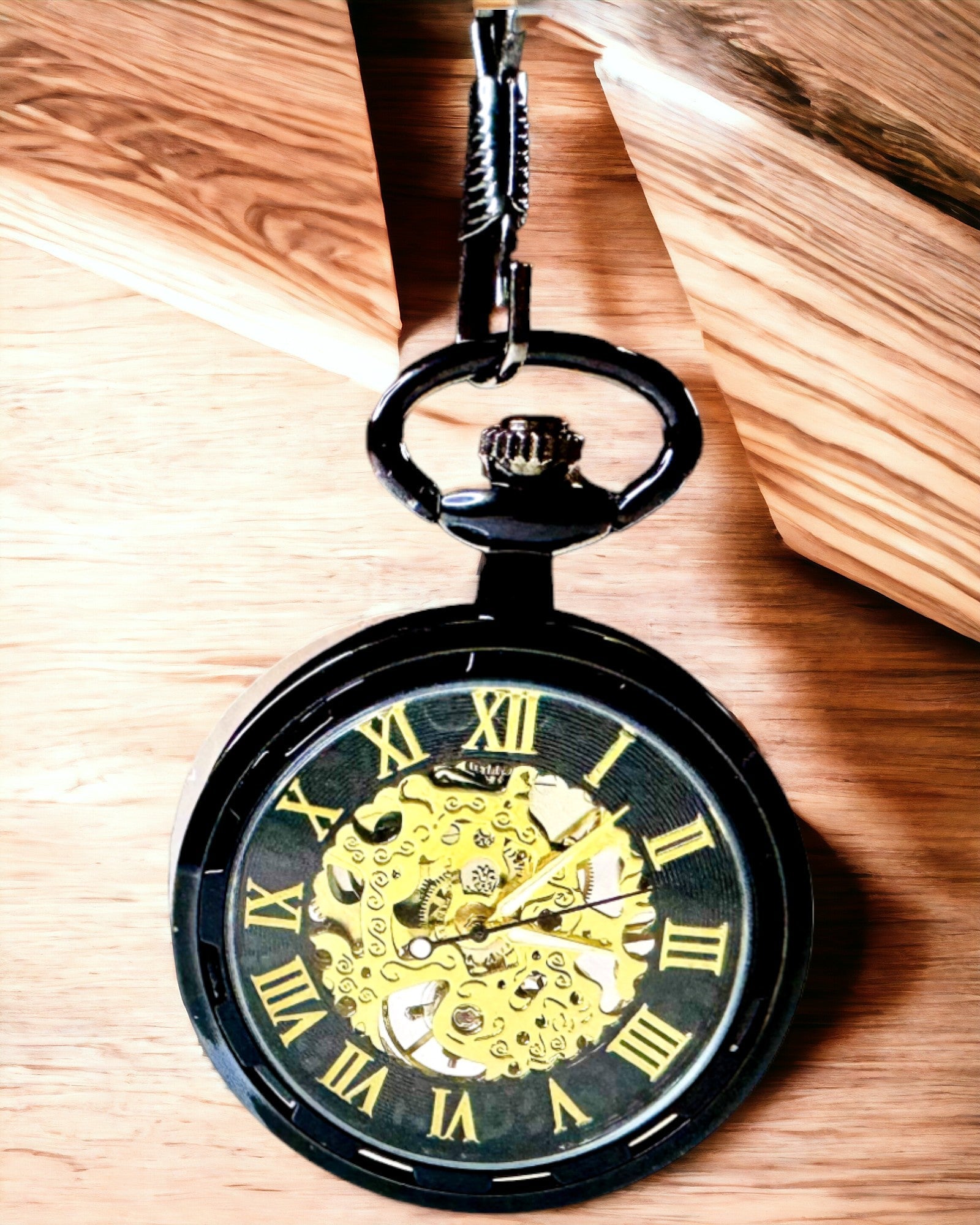 Retro Style Mechanical Pocket Watch, Waterproof, Semi-Automatic - Black Color - Perfect for Gift, engraving