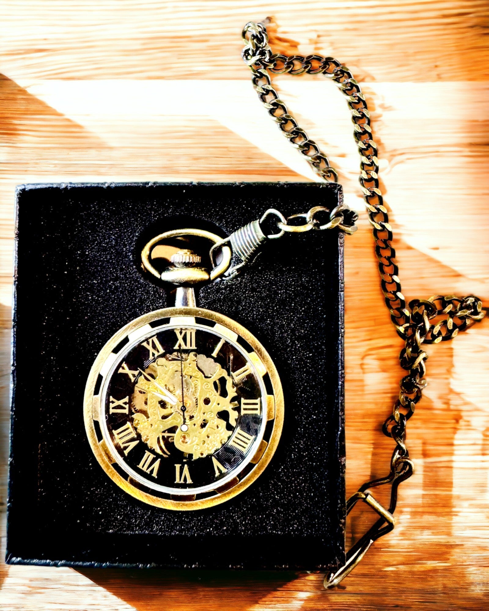 Retro Pocket Watch – Mechanical, Shredded Gold Color with Black, Luxury, Waterproof, Semi-Automatic, personalization with engraving