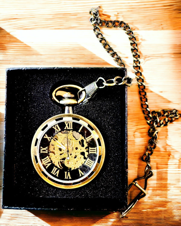 Retro Pocket Watch - Mechanical, Color Shredded Gold with Black, Luxury, Water Resistant, Semi-Automatic, personalized with engraving