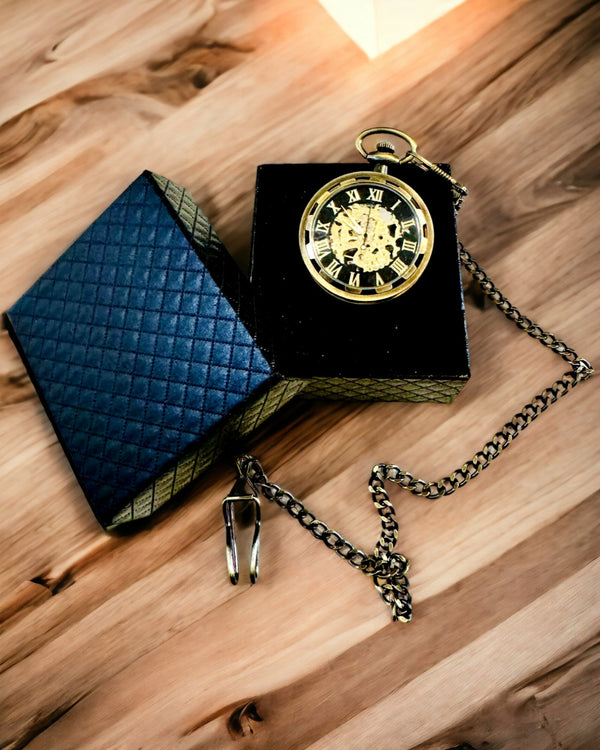 Retro Pocket Watch - Mechanical, Color Shredded Gold with Black, Luxury, Water Resistant, Semi-Automatic, personalized with engraving