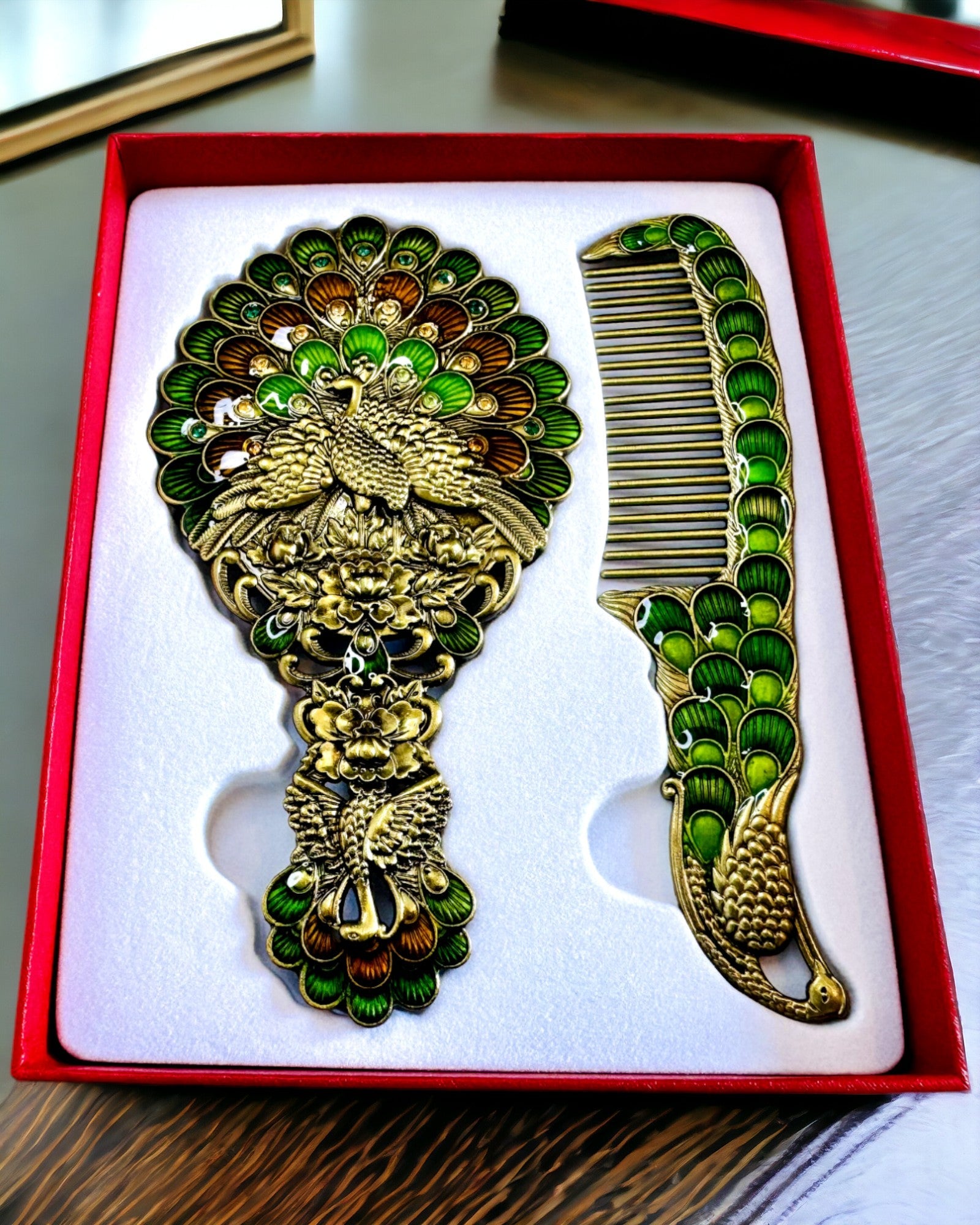 Vintage Set with Mirror and Comb in Peacock Theme - Decorative Cosmetic Accessories