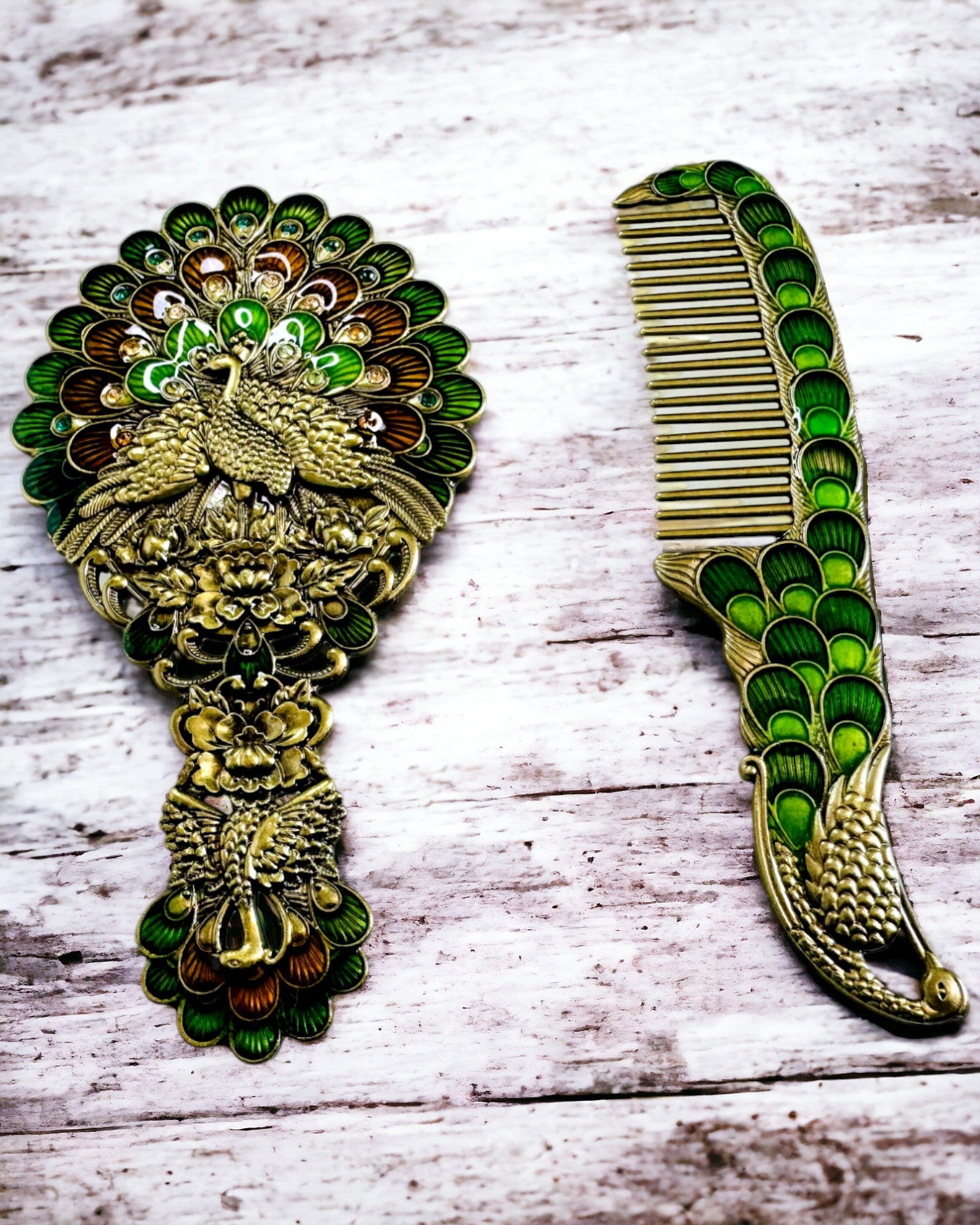 Vintage Set with Mirror and Comb in Peacock Theme - Decorative Cosmetic Accessories