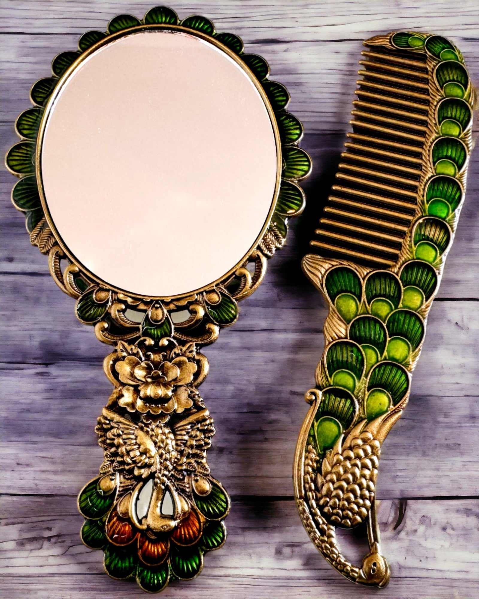 Vintage Set with Mirror and Comb in Peacock Theme - Decorative Cosmetic Accessories