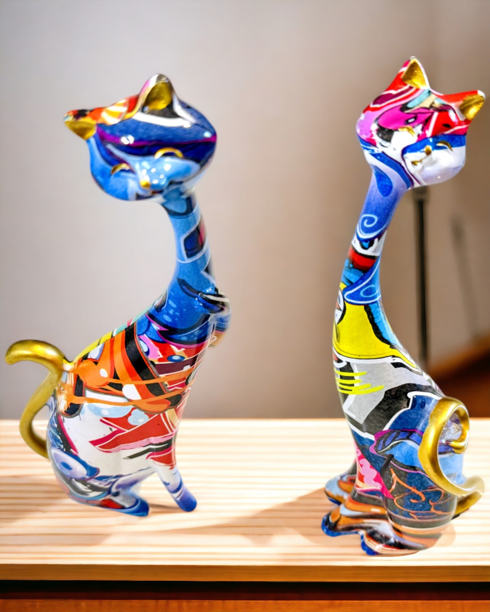 Abstract Cat Figurines "ArtCats", Hand-Painted, Resin – 25 cm, 2 pcs.