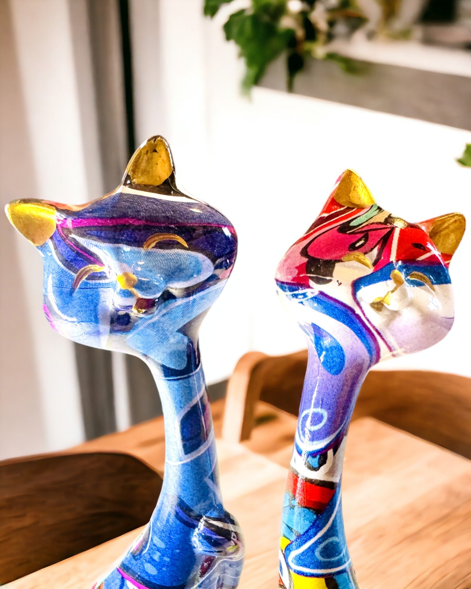 Abstract Cat Figurines "ArtCats", Hand-Painted, Resin – 25 cm, 2 pcs.