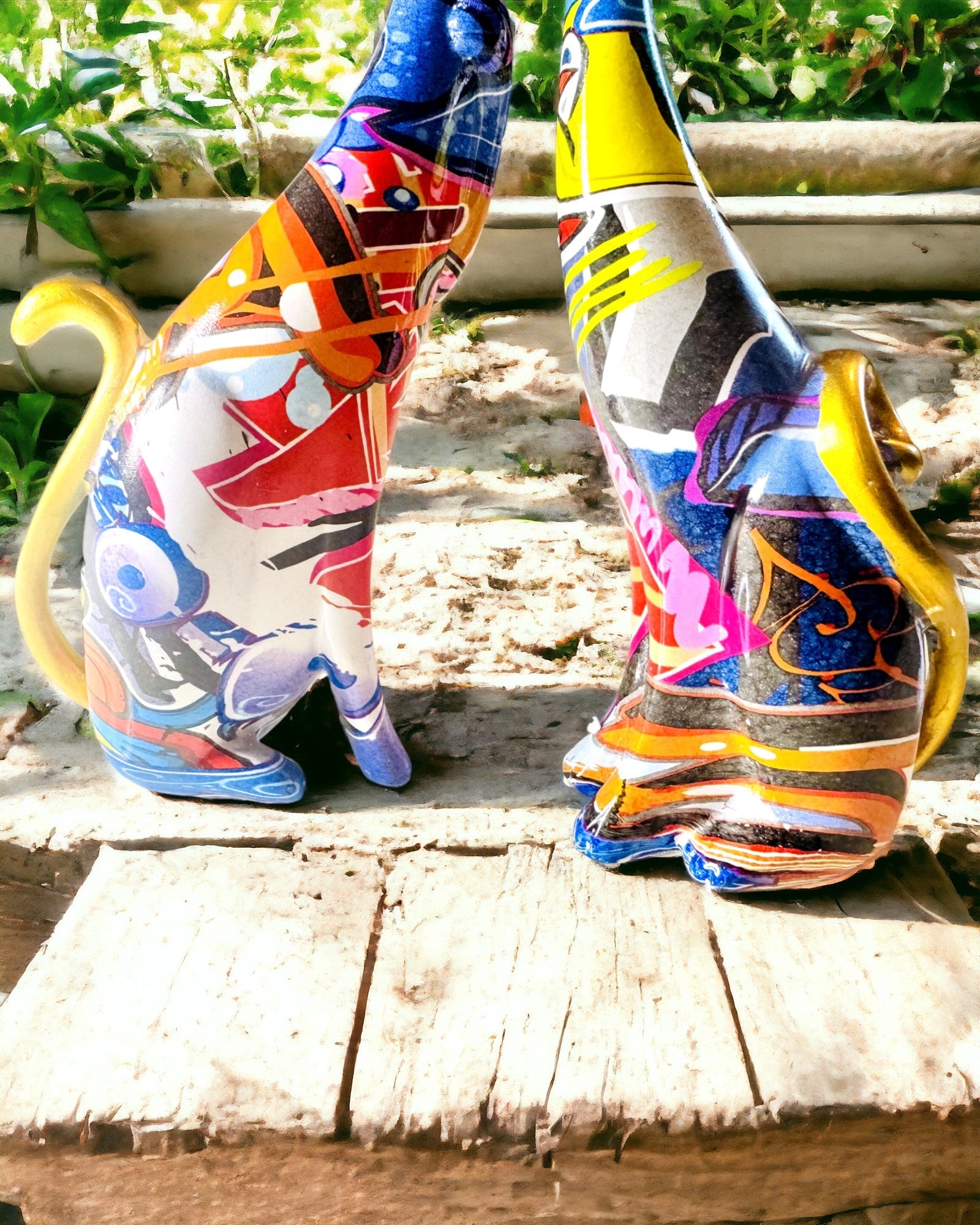 Figurice Apstraktnih Mačaka "ArtCats", Ručno Slikane, Smola – 25 cm, 2 kom.