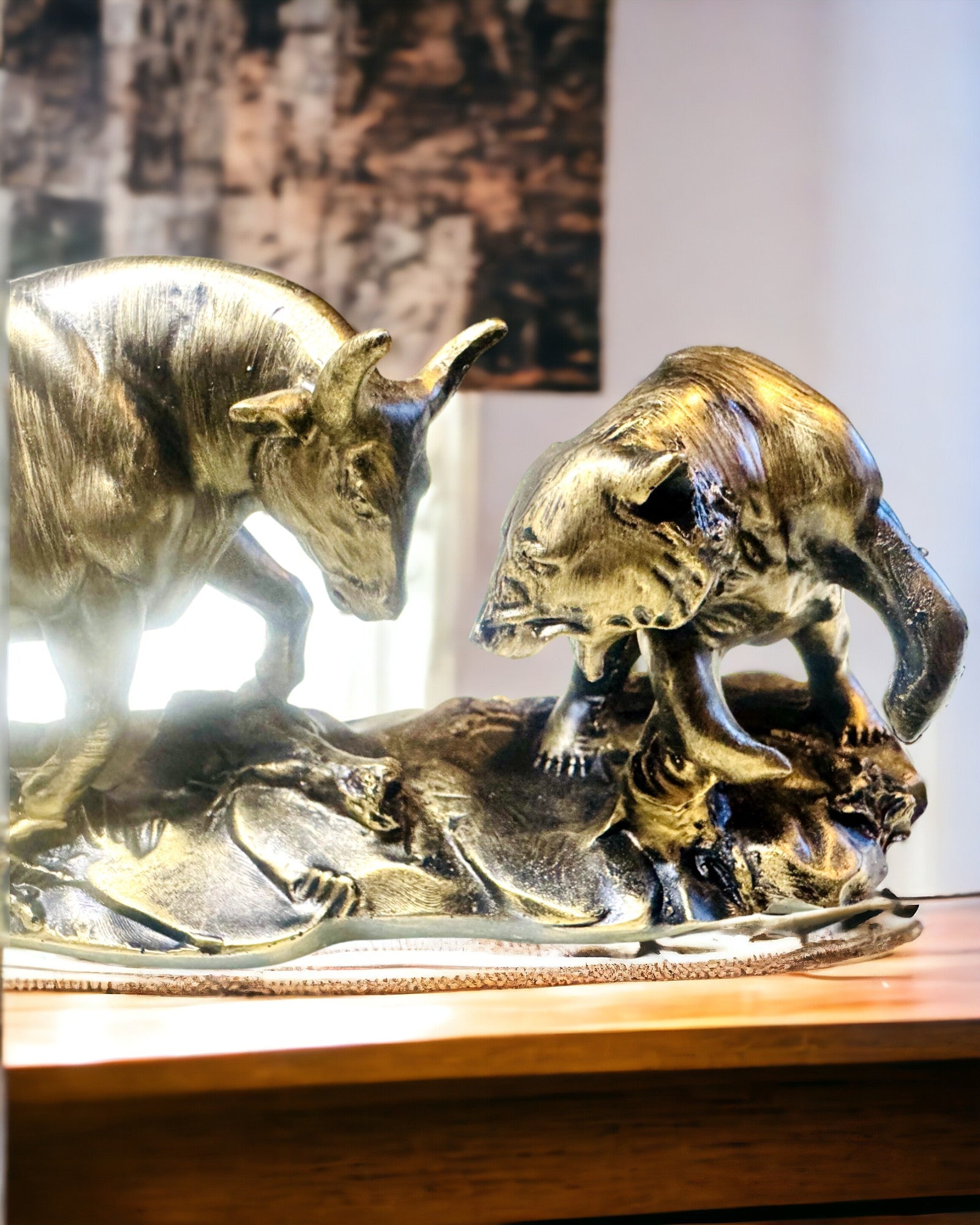 Sculpture "Two Rivals" - Bull and Bear - Symbolism of the Financial Market, Engraving Option - Copper Color