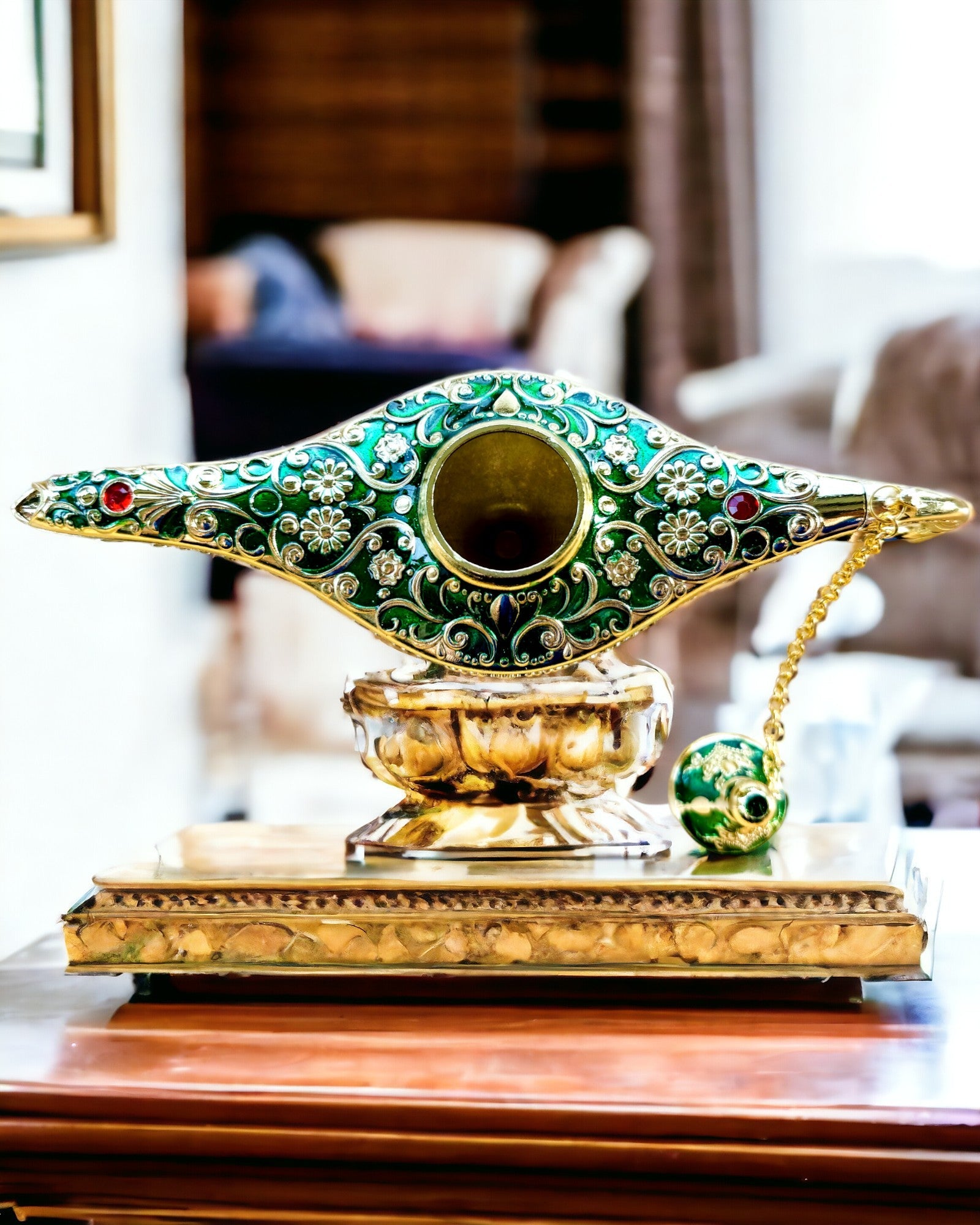 Aladdin's Magic Lamp with Engraving Option - Dark Green Variant, interwoven with gold