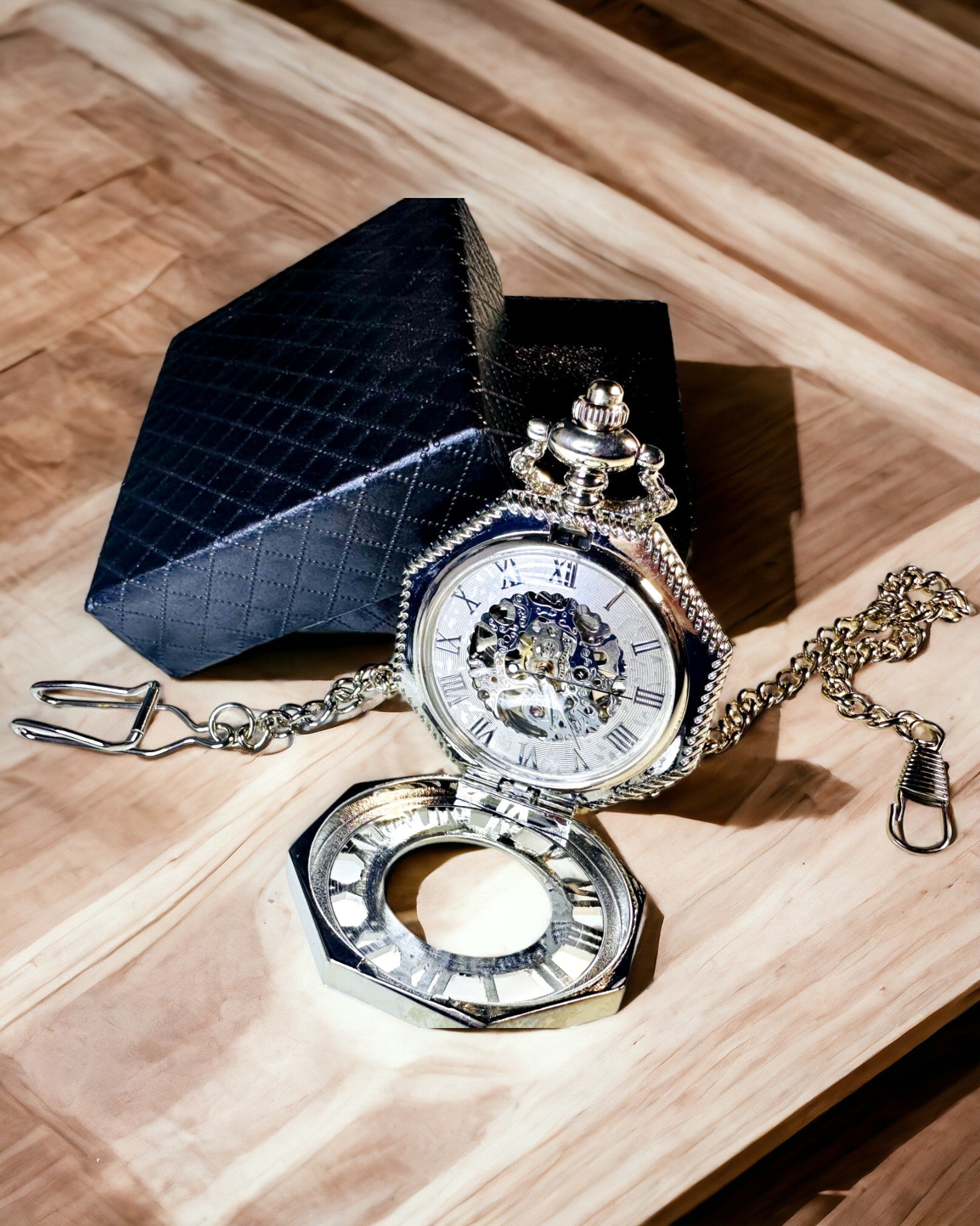 Classic Silver Octagonal Mechanical Pocket Watch with Skeleton Dial in Steampunk Style